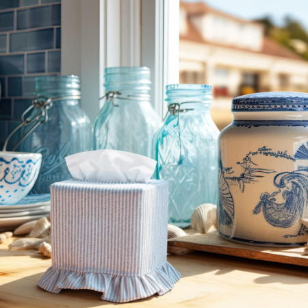 Light Blue White Fabric Tissue Box Cover Square Decorative Napkin Holder for Bedroom Living Room Bathroom Kitchen Home