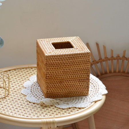 Woven Rattan Square Tissue Box Cover Decorative Tissue Holder for Home Bathroom Living Room Tabletop