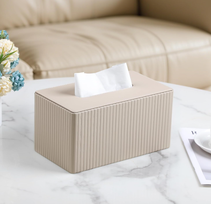 Extra Large PU Leather Rectangle Tissue Box Cover Magnetic Closure Tissue Holder Decorative Organizer for Bathroom Bedroom Office Beige