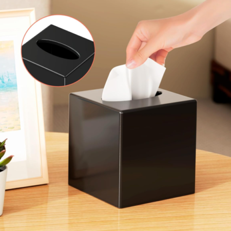 Square Plastic Tissue Box Cover with Anti Slip Base Modern Facial Tissue Holder Decorative Napkin Organizer for Bathroom Vanity Bedroom Office Black