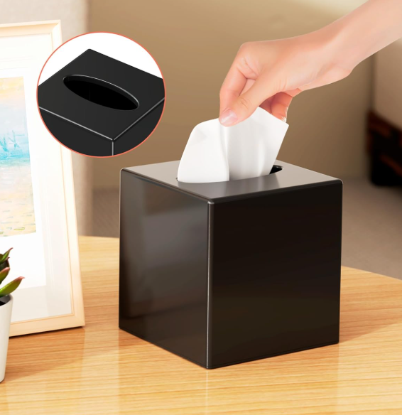 Square Plastic Tissue Box Cover with Anti Slip Base Modern Facial Tissue Holder Decorative Napkin Organizer for Bathroom Vanity Bedroom Office Black