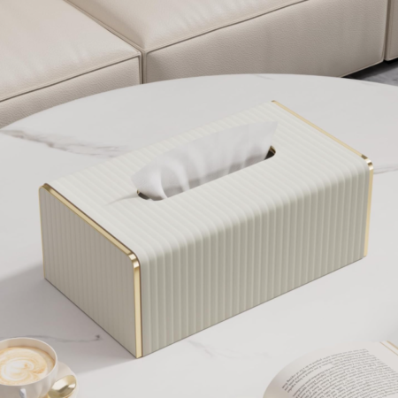 White Rectangle Leather Tissue Box Cover with Gold Edge Decoration Decorative Tissue Holder for Bathroom Bedroom Living Room Desk Office