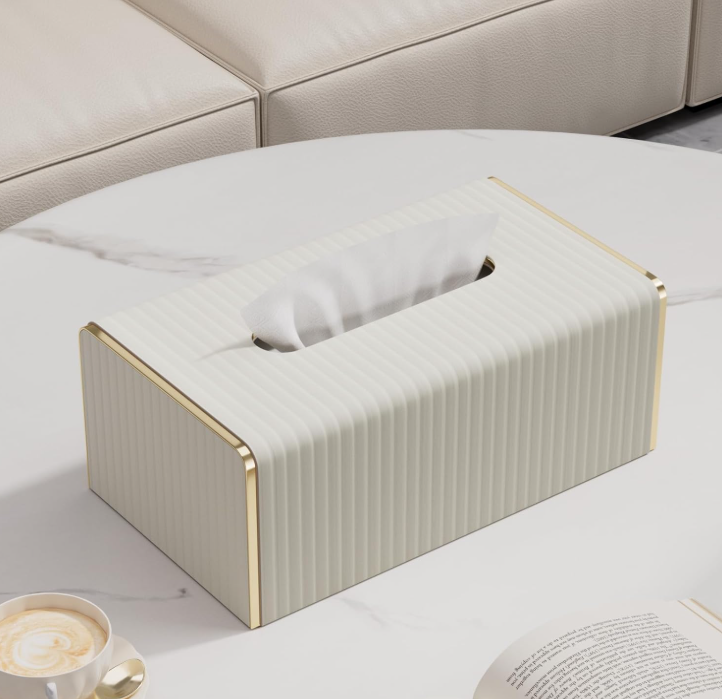 White Rectangle Leather Tissue Box Cover with Gold Edge Decoration Decorative Tissue Holder for Bathroom Bedroom Living Room Desk Office