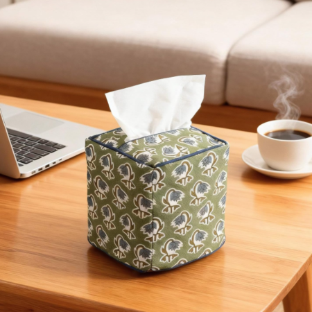Green Floral Fabric Tissue Box Cover Handmade Square Decorative Napkin Holder for Home Bedroom Vanity Countertop Office