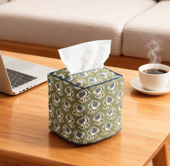 Green Floral Fabric Tissue Box Cover Handmade Square Decorative Napkin Holder for Home Bedroom Vanity Countertop Office