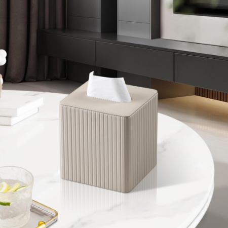 Square PU Leather Tissue Box Cover with Magnetic Closure Decorative Tissue Holder Organizer for Bathroom Bedroom Office Beige
