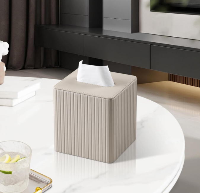 Square PU Leather Tissue Box Cover with Magnetic Closure Decorative Tissue Holder Organizer for Bathroom Bedroom Office Beige