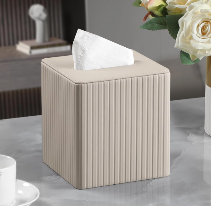 Square PU Leather Tissue Box Cover with Magnetic Closure Decorative Tissue Holder Organizer for Bathroom Bedroom Office Beige - Image 2