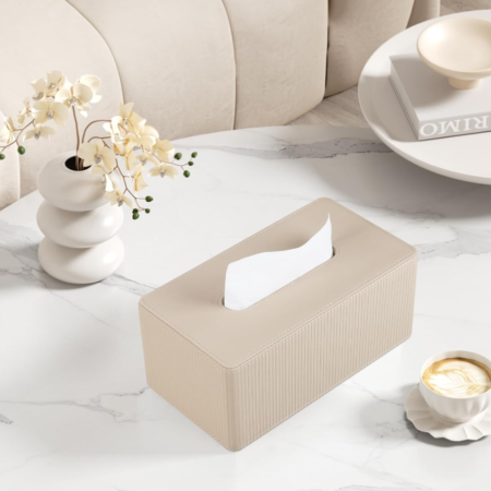 Rectangle PU Leather Tissue Box Cover with Magnetic Closure Modern Tissue Holder Decorative Organizer for Bathroom Nightstand Living Room Beige