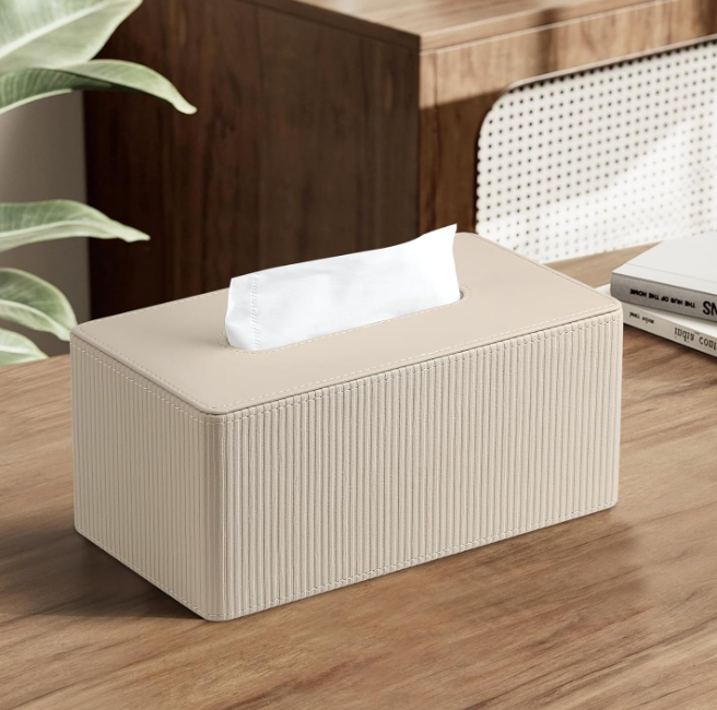 Rectangle PU Leather Tissue Box Cover with Magnetic Closure Modern Tissue Holder Decorative Organizer for Bathroom Nightstand Living Room Beige - Image 2