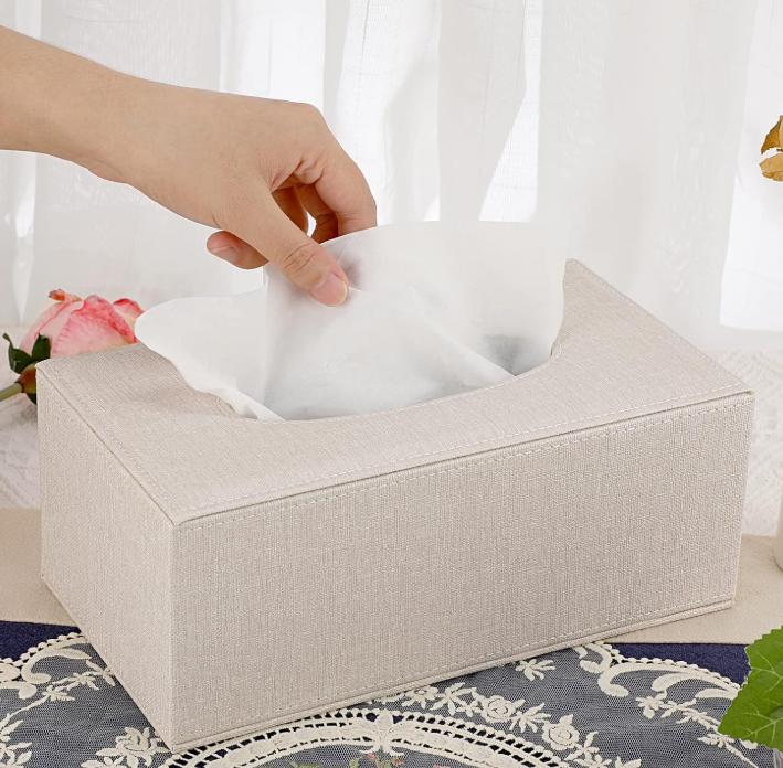 Rectangle Linen Tissue Box Cover with Magnetic Bottom Stylish Tissue Holder Decorative Cover for Bathroom Bedroom Living Room Desk Office Beige