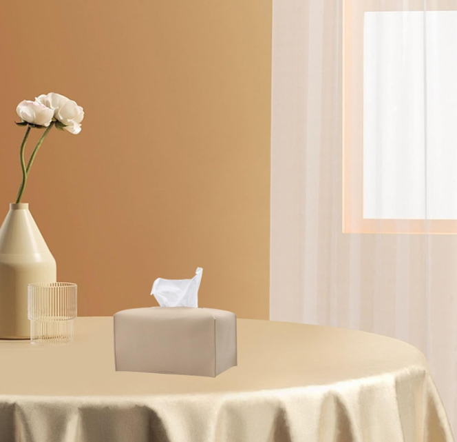 Large Rectangle PU Leather Tissue Box Cover with Bottom Strap Tissue Holder Organizer for Bathroom Car Hotel Office Beige - Image 2