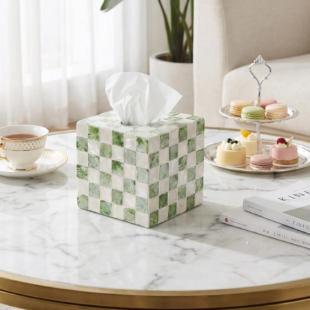 Square Checkered Tissue Box Cover Decorative Tissue Holder with Sliding Bottom Design Handmade Cube Organizer for Bathroom Vanity Bedroom Office Green