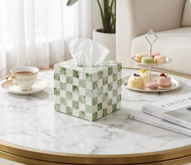 Square Checkered Tissue Box Cover Decorative Tissue Holder with Sliding Bottom Design Handmade Cube Organizer for Bathroom Vanity Bedroom Office Green