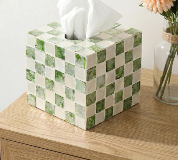 Square Checkered Tissue Box Cover Decorative Tissue Holder with Sliding Bottom Design Handmade Cube Organizer for Bathroom Vanity Bedroom Office Green - Image 2