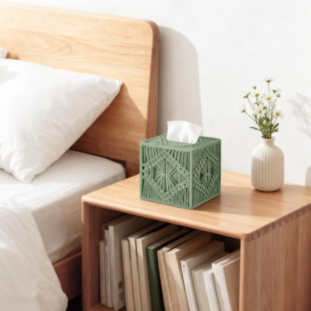 Macrame Square Tissue Box Cover Open Bottom Woven Decorative Tissue Holder Organizer for Bathroom Bedroom Living Room Office Green