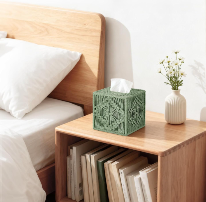 Macrame Square Tissue Box Cover Open Bottom Woven Decorative Tissue Holder Organizer for Bathroom Bedroom Living Room Office Green