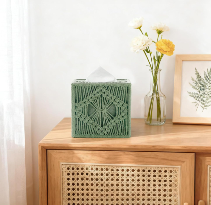Macrame Square Tissue Box Cover Open Bottom Woven Decorative Tissue Holder Organizer for Bathroom Bedroom Living Room Office Green - Image 2