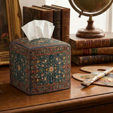 Vintage Pattern PU Leather Square Tissue Box Cover Decorative Tissue Organizer with Bottom Strap for Bathroom Car Tabletop Home Blue Red