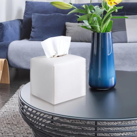 2 Pack Square PU Leather Tissue Box Cover Modern Tissue Holder Decorative Organizer for Bathroom Vanity Bedroom Office Desk Car White
