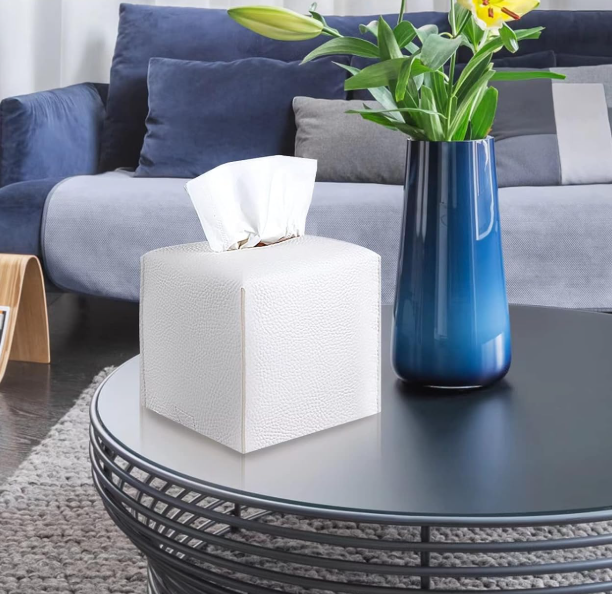 2 Pack Square PU Leather Tissue Box Cover Modern Tissue Holder Decorative Organizer for Bathroom Vanity Bedroom Office Desk Car White