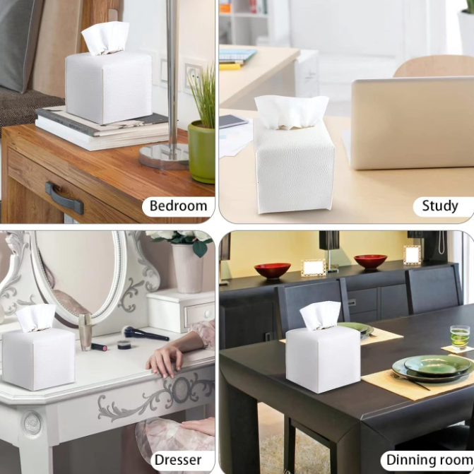 2 Pack Square PU Leather Tissue Box Cover Modern Tissue Holder Decorative Organizer for Bathroom Vanity Bedroom Office Desk Car White - Image 2