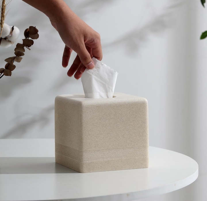 Square Resin Tissue Box Cover Cube Facial Tissue Holder Decorative Paper Dispenser for Bathroom Kitchen Bedroom Living Room Office Beige