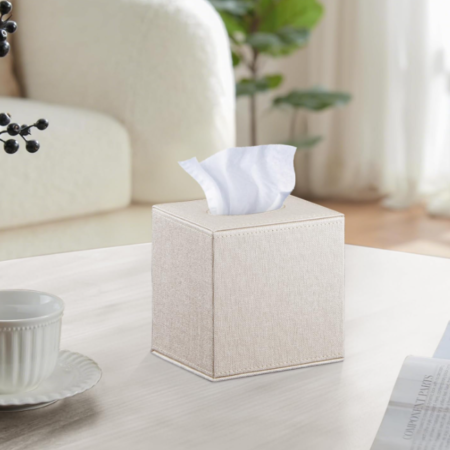 Modern Leather Square Tissue Box Cover Cube Tissue Holder Facial Paper Organizer Storage Dispenser for Bathroom Bedroom Office Desk Beige