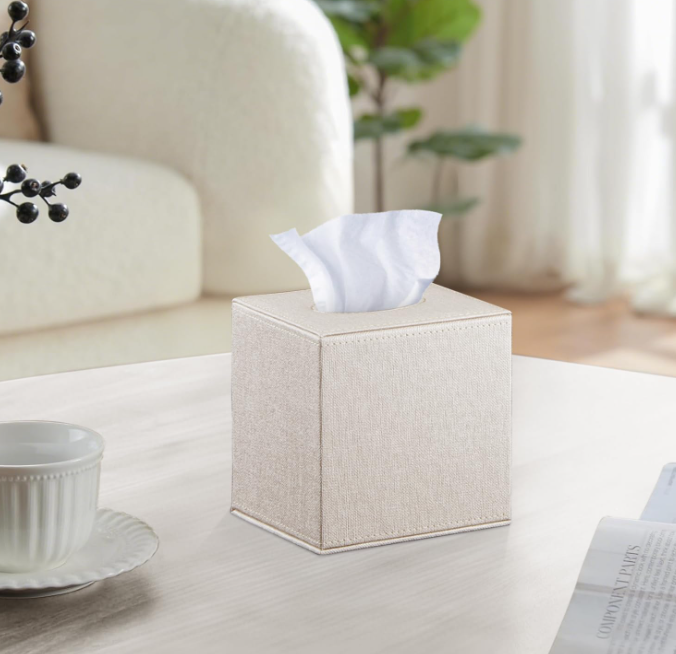 Modern Leather Square Tissue Box Cover Cube Tissue Holder Facial Paper Organizer Storage Dispenser for Bathroom Bedroom Office Desk Beige