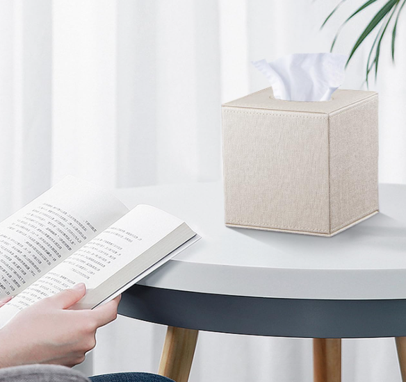 Modern Leather Square Tissue Box Cover Cube Tissue Holder Facial Paper Organizer Storage Dispenser for Bathroom Bedroom Office Desk Beige - Image 2