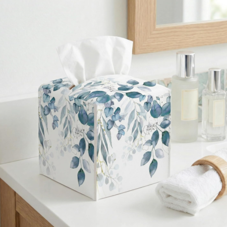 Vintage Blue Floral Square Tissue Box Cover Leather Tissue Holder Facial Paper Organizer for Bathroom Kitchen Bedroom Vanity Countertop