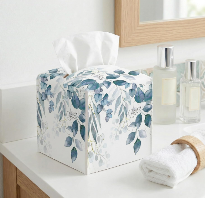 Vintage Blue Floral Square Tissue Box Cover Leather Tissue Holder Facial Paper Organizer for Bathroom Kitchen Bedroom Vanity Countertop