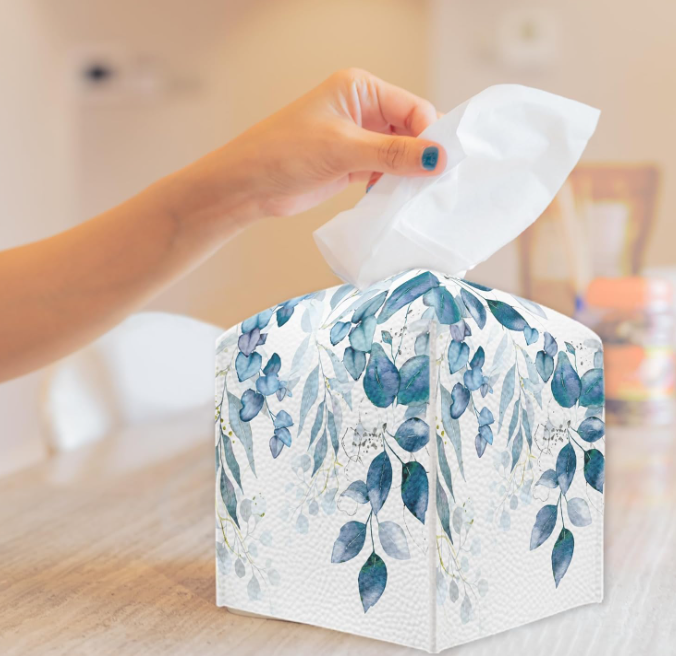 Vintage Blue Floral Square Tissue Box Cover Leather Tissue Holder Facial Paper Organizer for Bathroom Kitchen Bedroom Vanity Countertop - Image 2