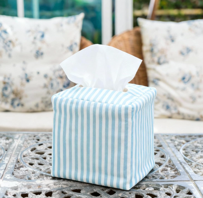 Blue White Stripe Fabric Tissue Box Cover Square Decorative Napkin Holder Stylish Tissue Storage Cover for Bedroom Living Room Bathroom Office Kitchen