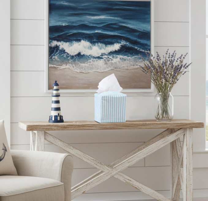 Blue White Stripe Fabric Tissue Box Cover Square Decorative Napkin Holder Stylish Tissue Storage Cover for Bedroom Living Room Bathroom Office Kitchen - Image 2