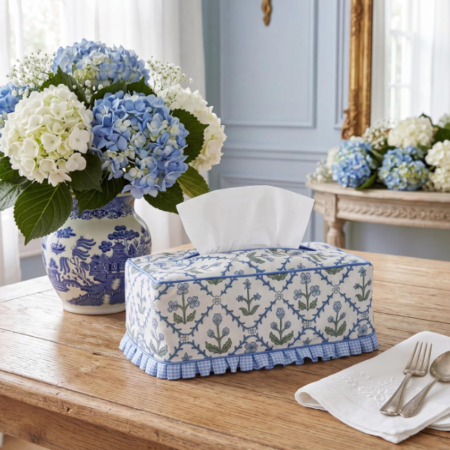 Ruffle Floral Fabric Tissue Box Cover Rectangular Decorative Tissue Holder Printed Cloth Sleeve for Bathroom Vanity Bedroom Home Decor