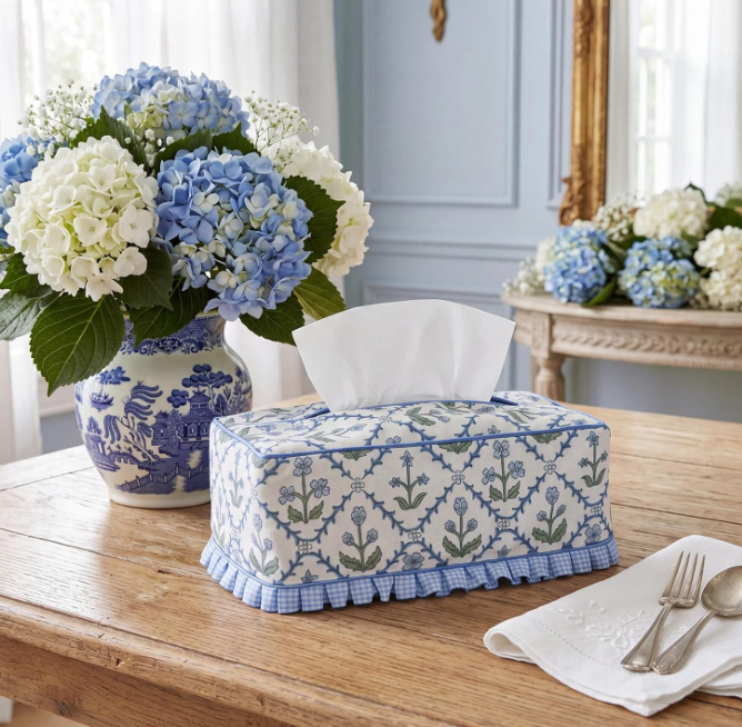 Ruffle Floral Fabric Tissue Box Cover Rectangular Decorative Tissue Holder Printed Cloth Sleeve for Bathroom Vanity Bedroom Home Decor