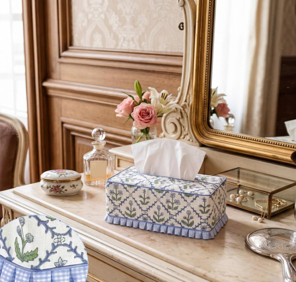 Ruffle Floral Fabric Tissue Box Cover Rectangular Decorative Tissue Holder Printed Cloth Sleeve for Bathroom Vanity Bedroom Home Decor - Image 2
