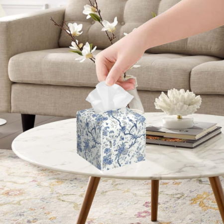 Blue Floral Bird Pattern Square Leather Tissue Box Cover Facial Paper Holder Organizer for Bathroom Kitchen Bedroom Vanity Countertop