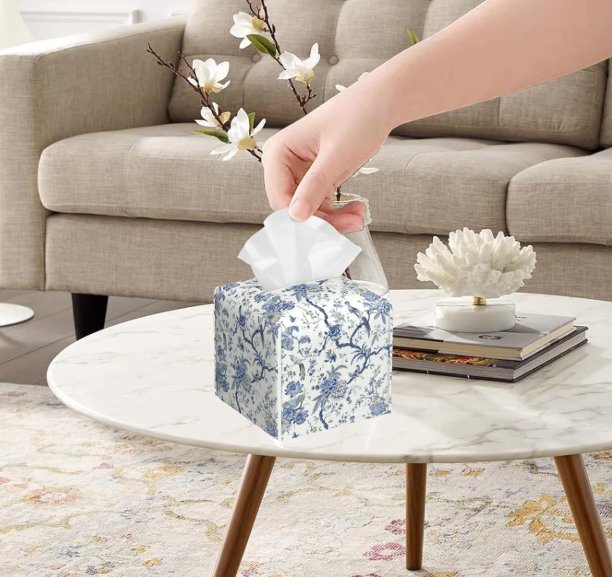 Blue Floral Bird Pattern Square Leather Tissue Box Cover Facial Paper Holder Organizer for Bathroom Kitchen Bedroom Vanity Countertop
