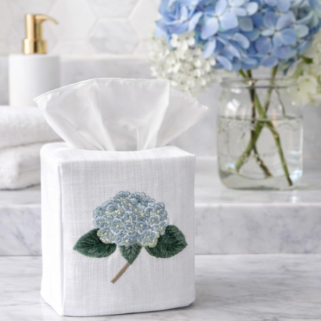 Botanical Linen Fabric Square Tissue Box Cover Decorative Tissue Holder Cloth Cube Organizer for Bedroom Bathroom Office Light Blue