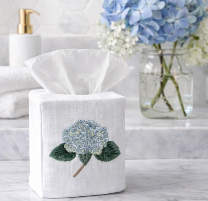 Botanical Linen Fabric Square Tissue Box Cover Decorative Tissue Holder Cloth Cube Organizer for Bedroom Bathroom Office Light Blue