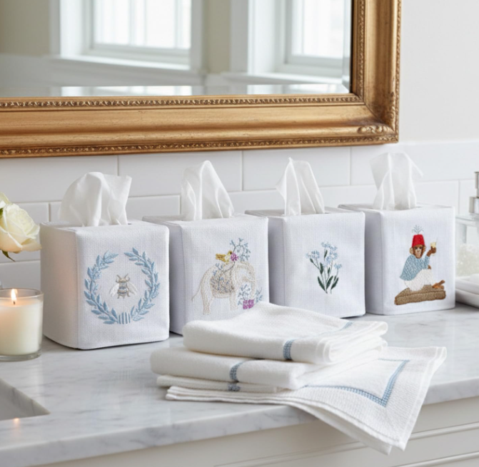 Botanical Linen Fabric Square Tissue Box Cover Decorative Tissue Holder Cloth Cube Organizer for Bedroom Bathroom Office Light Blue - Image 2