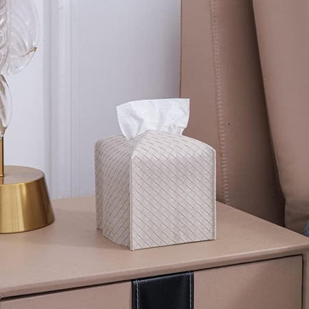 PU Leather Square Tissue Box Cover Facial Tissue Organizer Holder for Bathroom Vanity Countertop Tabletop Car Gray Beige