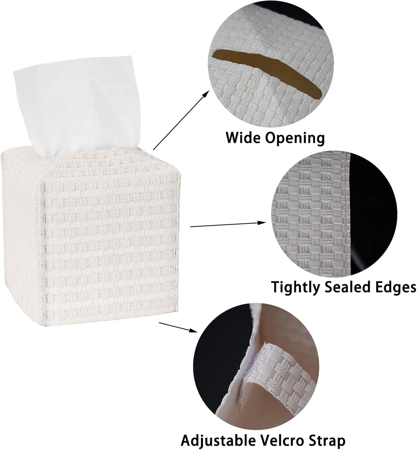 2 Pack Square Tissue Box Cover with Bottom Belt Woven Pattern Tissue Holder Facial Paper Organizer for Bathroom Office Home Table Car White - Image 2