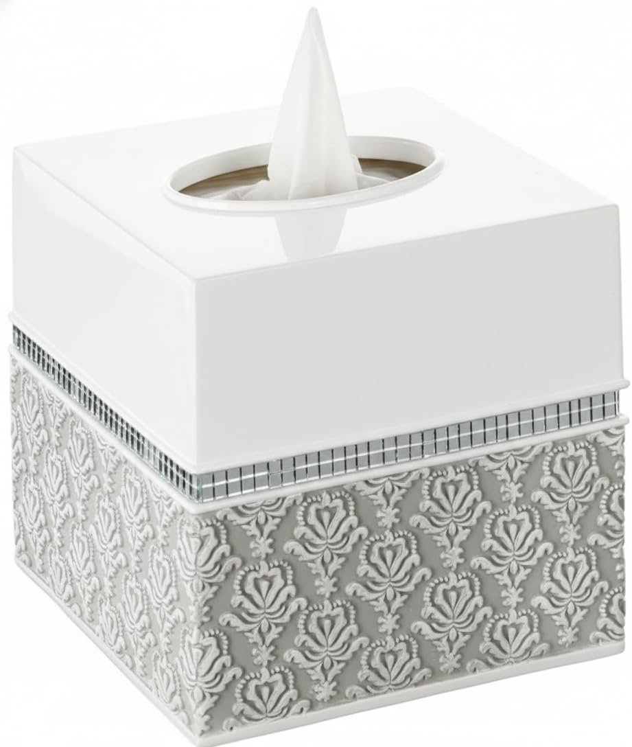 White Gray Square Resin Tissue Box Cover with Bottom Slider Decorative Tissue Holder for Bathroom Bedroom Living Room Office