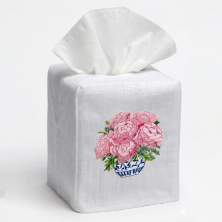 Square Linen Cotton Fabric Tissue Box Cover Decorative Cloth Tissue Holder Cube Cover with Floral Pattern for Bedroom Bathroom Office Home Decor