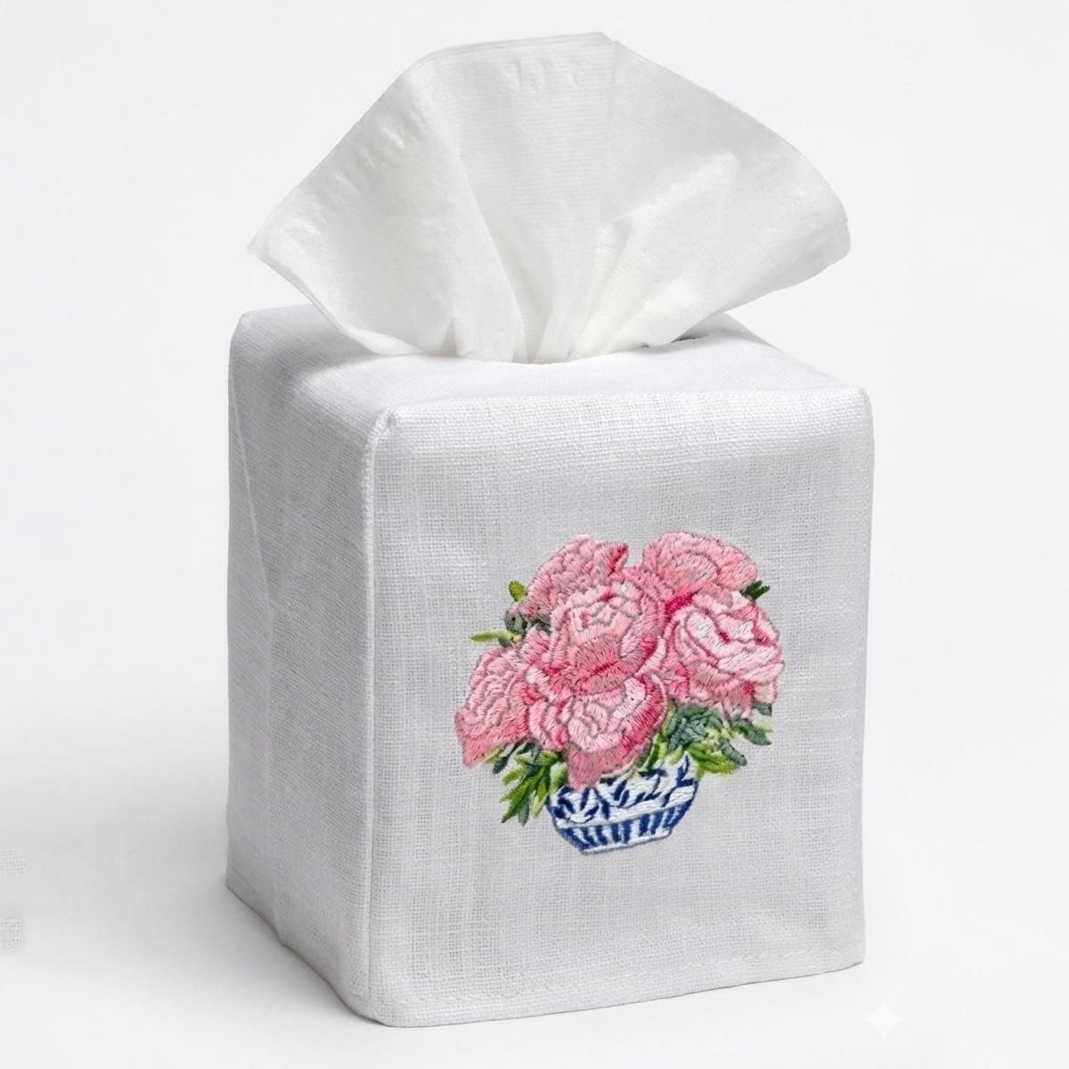 Square Linen Cotton Fabric Tissue Box Cover Decorative Cloth Tissue Holder Cube Cover with Floral Pattern for Bedroom Bathroom Office Home Decor