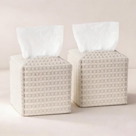 2 Pack Square Tissue Box Cover with Bottom Belt Woven Pattern Tissue Holder Facial Paper Organizer for Bathroom Office Home Table Car White