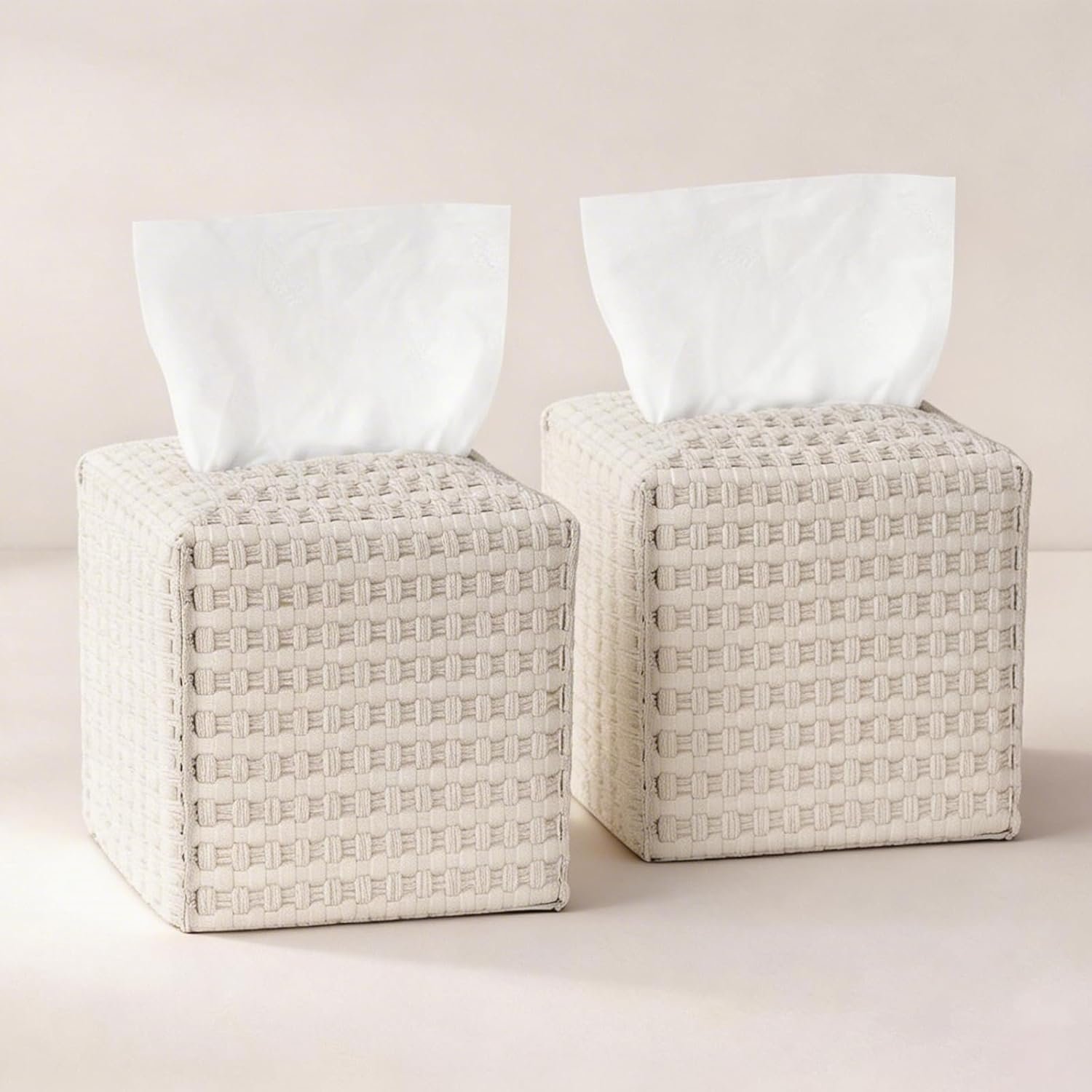 2 Pack Square Tissue Box Cover with Bottom Belt Woven Pattern Tissue Holder Facial Paper Organizer for Bathroom Office Home Table Car White
